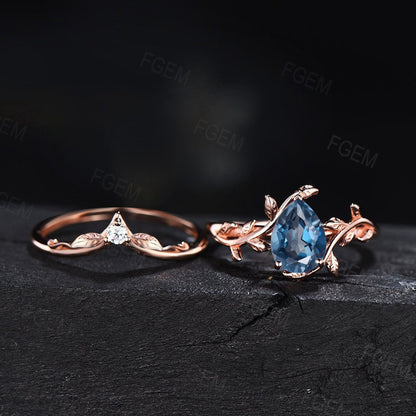 Natural London Blue Topaz Bridal Set December Birthstone Wedding Set Leaf Engagement Ring Unique Pear Solitaire Ring Nature Inspired Jewelry