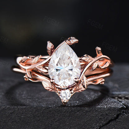 1.25ct Pear Shaped Moissanite Engagement Ring Rose Gold Diamond Wedding Ring Leaf Vine Solitaire Gemstone Ring Bridal Set Anniversary Gift