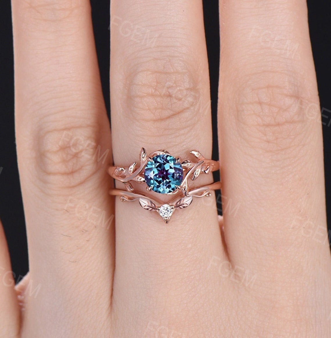 Solid Rose Gold Engagement Ring Leaves Nature Inspired Ring Set 1ct Round Cut Color-Change Alexandrite Ring Vintage Unique Leaf Bridal Set