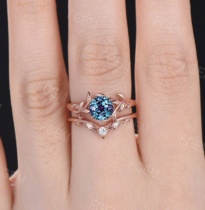 Solid Rose Gold Engagement Ring Leaves Nature Inspired Ring Set 1ct Round Cut Color-Change Alexandrite Ring Vintage Unique Leaf Bridal Set