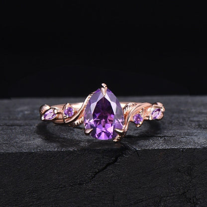 Nature Inspired Purple Amethyst Engagement Ring Rose Gold Twisted Leaf Ring Natural Purple Healing Crystal Ring February Birthstone Jewelry