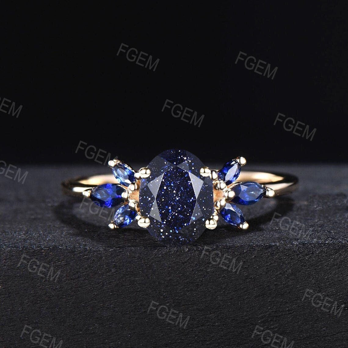 1.5ct Oval Cut Blue Sandstone Cluster Engagement Rings Galaxy Starry Sky Ring Blue Sapphire Ring Unique Handmade Proposal Gifts for Women