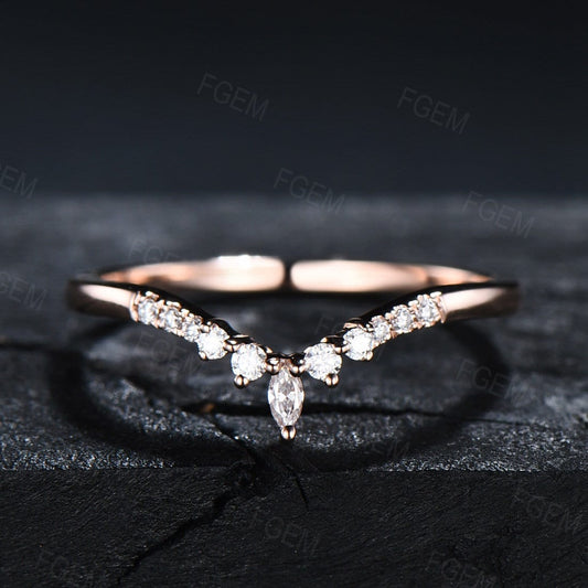 Moissanite Curve Wedding Band Art Deco Ring Dainty Vintage Rose Gold Chevron Band Vintage Matching Stacking Band Unique Anniversary Band