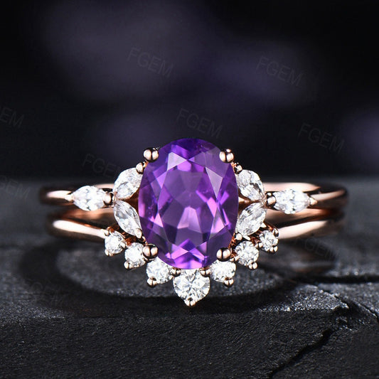 February Birthstone Ring Purple Crystal Wedding Ring 1.5ct Oval Cut Amethyst Engagement Ring Set Natural Amethyst Ring Rose Gold Bridal Set