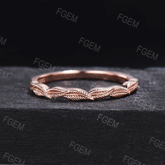 10K Rose Gold Leaf Wedding Band,Minimalist Nature Inspired Wedding Ring Anniversary /Graduation Gift, Simple Branch Ring ,Leaf Stacking Ring