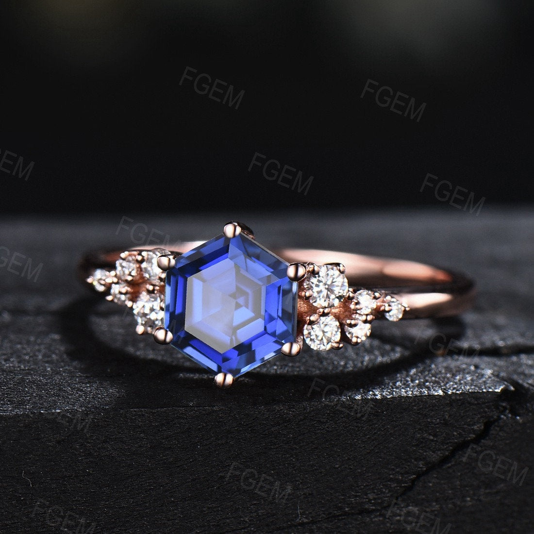 Sterling Silver 1CT Hexagon Cut Blue Sapphire Snowdrift Cluster Engagement Ring Vintage Blue Wedding Ring September Birthstone Promise Ring