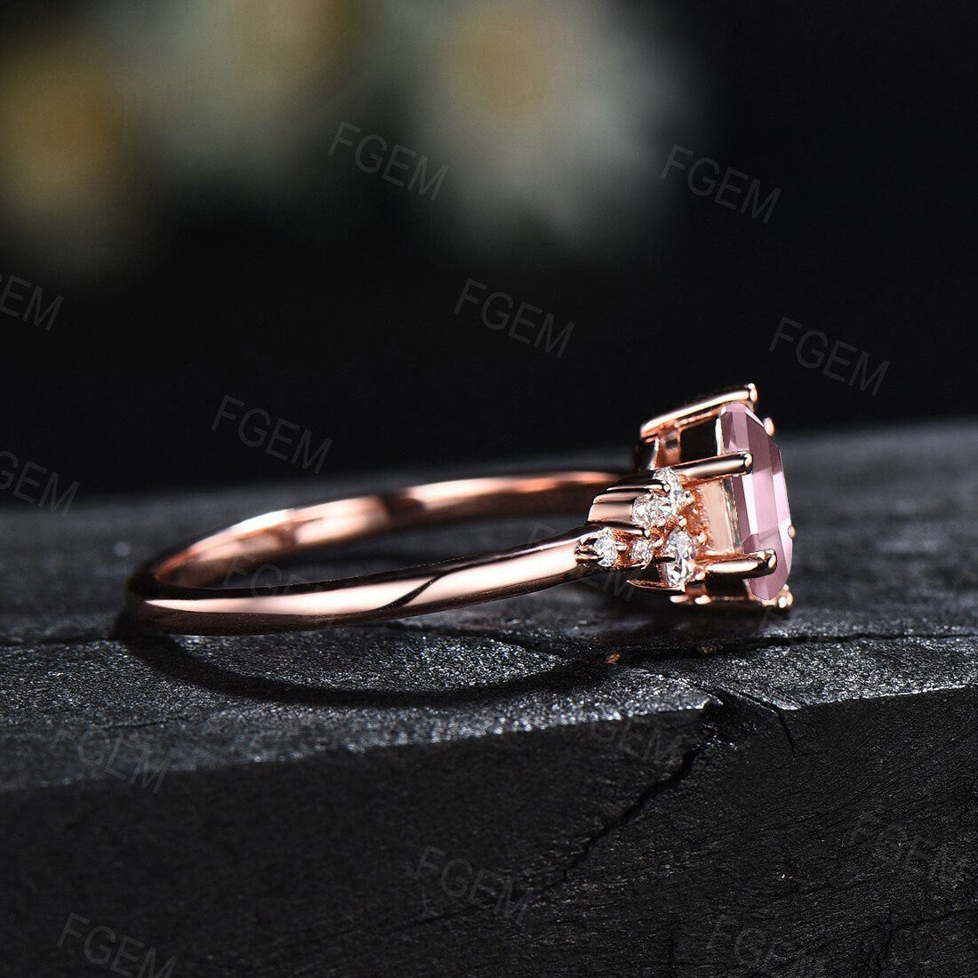 Hexagon Rose Quartz Natural Leaf wedding and Unique Enhancer 14k Gold Branch ring Delicate newest Guard Band Matching Ring Pink Gemstone