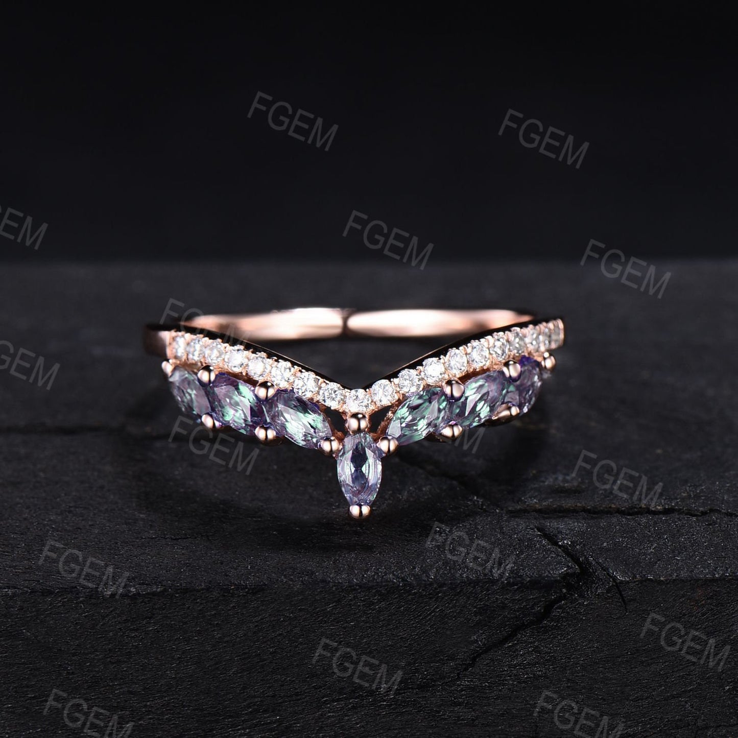 Curve Alexandrite Ring Marquise Half Eternity Alexandrite Wedding Band Chevron Moissanite Stacking Band 14k Rose Gold June Birthstone Gift