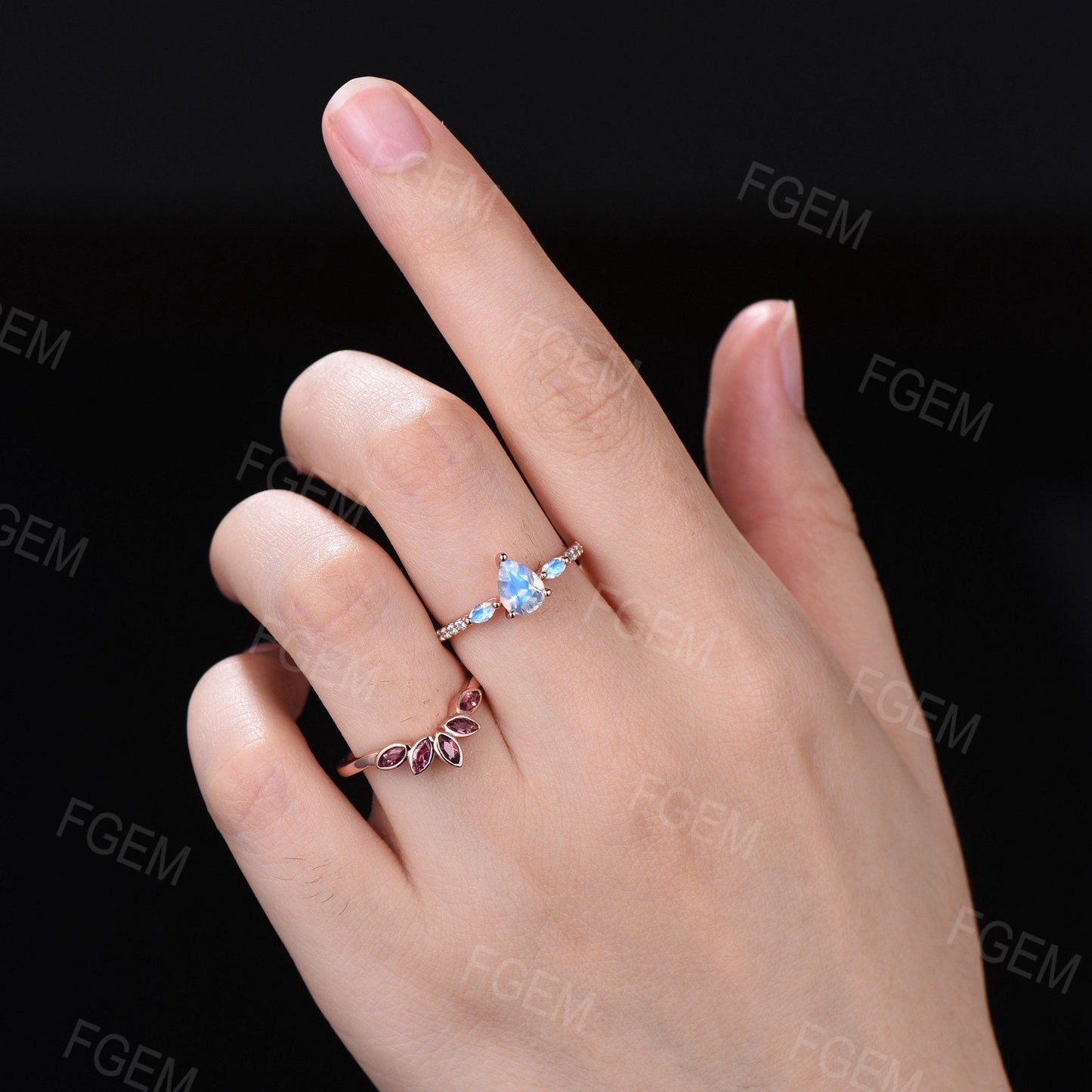 Pear Shaped Natural Rainbow Moonstone Engagement Ring Set Vintage Marquise Pink Tourmaline Curve Wedding Band June Birthstone Wedding Ring