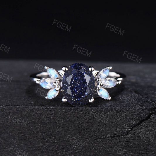 1.5ct Oval Starry Sky Blue Sandstone Ring Moonstone Cluster Engagement Ring Blue Goldstone Ring June Birthstone Birthday Gift Platinum Ring