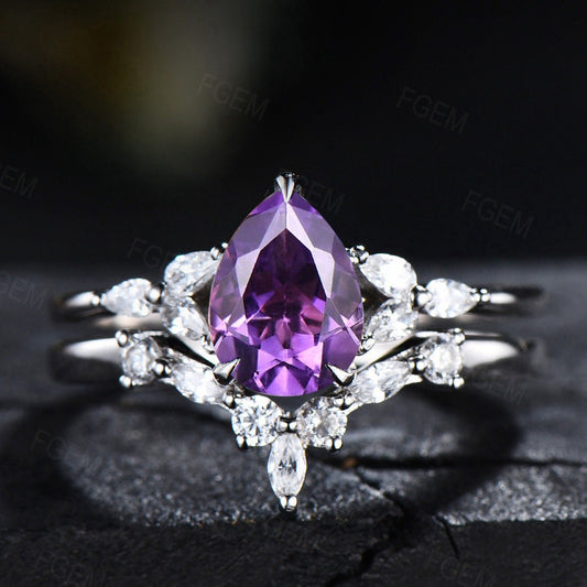 1.25ct Pear Shaped Natural Amethyst Ring Set Silver Platinum Purple Crystal Amethyst Wedding Bridal Ring February Birthstone Jewelry Gifts