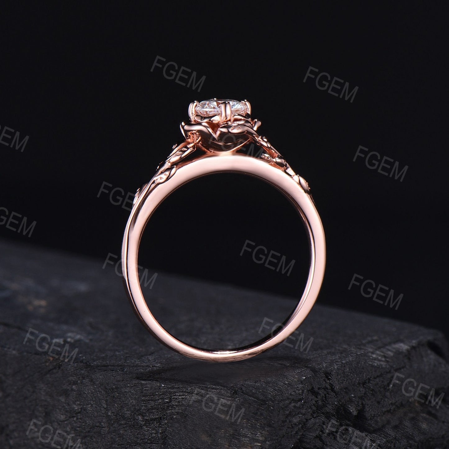 Rose Flower Engagement Ring Round Moissanite Diamond Ring Rose Gold Floral Emerald Ring Nature Inspired Leaf Moissanite Jewelry Promise Gift