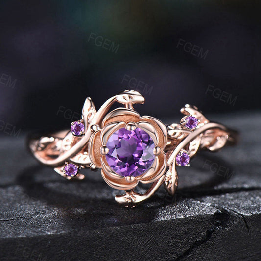 Natural Amethyst Engagement Ring Round Purple Crystal Ring Rose Flower Amethyst Wedding Ring Leaf Nature Inspired Ring February Birthstone