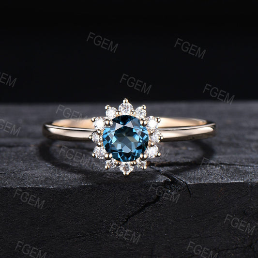 Natural London Blue Topaz Ring Halo Engagement Rings Flower Cluster Wedding Ring December Birthstone Gift Unique Anniversary/Birthday Gift