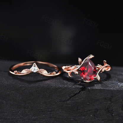 Nature Inspired Twig Leaf Ruby Engagement Ring 1.25ct Pear Shaped Red Ruby Gemstone Jewelry Anniversary Ring For Women July Birthstone Gift