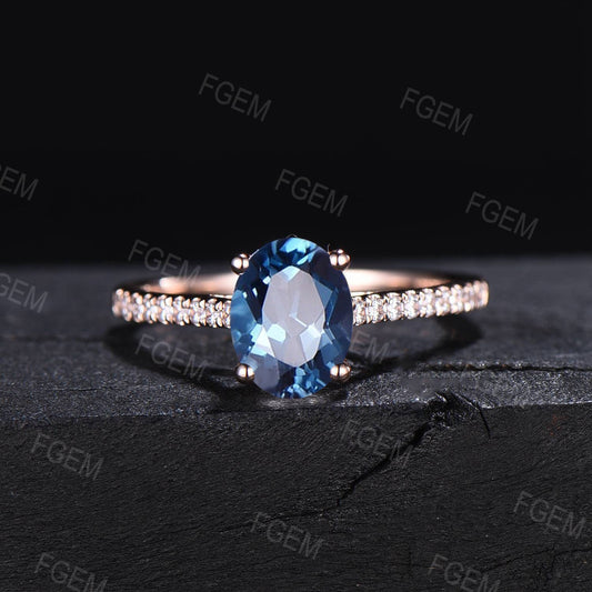 Vintage London Blue Topaz Half Eternity Engagement Ring 10K Rose Gold Unique 1.5ct Oval Blue Wedding Ring Moissanite Ring Anniversary Gifts
