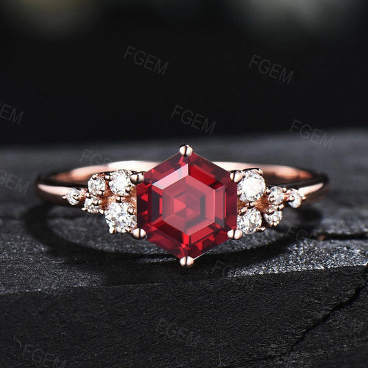 July Birthstone Wedding Ring 1ct Hexagon Cut Red Ruby Gemstone Jewelry Rose Gold Ruby Cluster Engagement Rings Anniversary Ring For Women