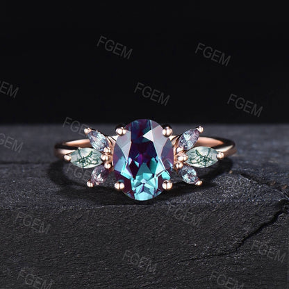 10K Rose Gold Oval Alexandrite Ring Vintage Cluster Wedding Ring Marquise Moss Agate Ring Alexandrite Engagement Bridal Ring Proposal Gifts