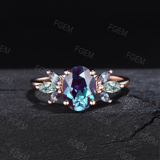 10K Rose Gold Oval Alexandrite Ring Vintage Cluster Wedding Ring Marquise Moss Agate Ring Alexandrite Engagement Bridal Ring Proposal Gifts