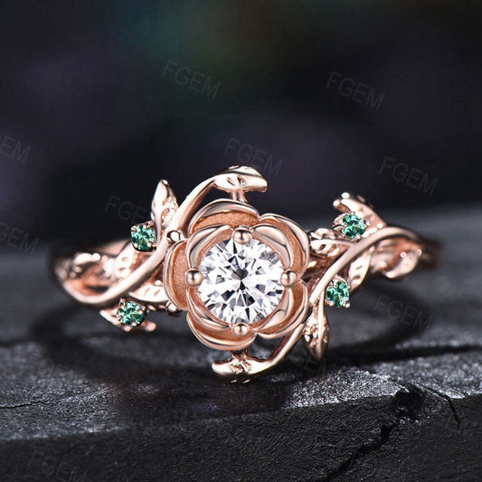 Rose Flower Engagement Ring Round Moissanite Diamond Ring Rose Gold Floral Emerald Ring Nature Inspired Leaf Moissanite Jewelry Promise Gift