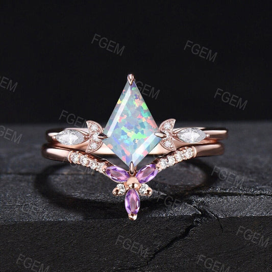 Kite Shaped Opal Moon Engagement Ring Set Rose Gold Fire Opal Bridal Set Moissanite Amethyst Wedding Ring October Birthstone Jewelry Gifts