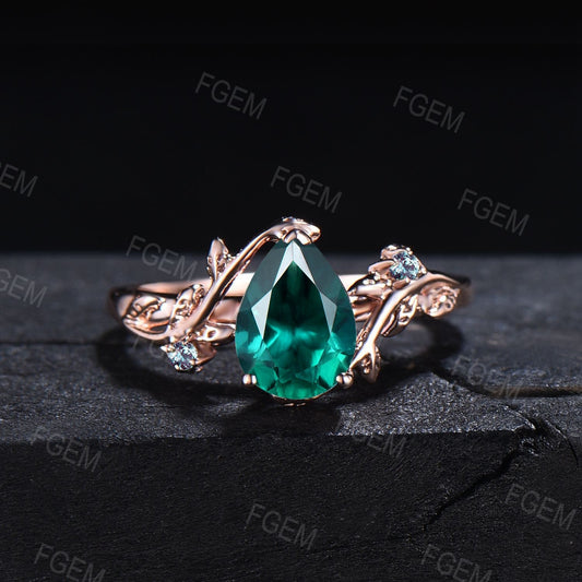 Leaf Green Emerald Nature Inspired Wedding Ring Rose Gold Cluster Alexandrite Engagement Ring May Birthstone Ring Personalized Promise Gifts