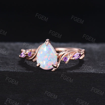 Twig Leaf White Opal Engagement Ring 1.25ct Pear Shaped Opal Twist Wedding Ring Nature Inspired Purple Amethyst Ring Unique Anniversary Gift