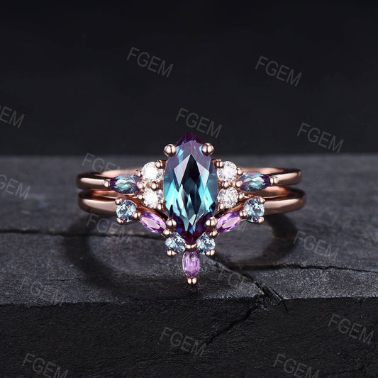 Unique Marquise Alexandrite Engagement Ring Set 10K/14K/18K Rose Gold June Birthstone Wedding Ring Vintage Moissanite Amethyst Purple Ring