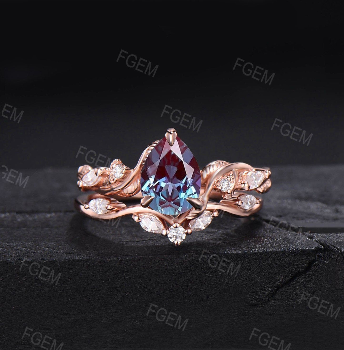 Nature Inspired Alexandrite Bridal Set Pear Color-Change Alexandrite Engagement Ring Twist Leaf Vine Wedding Ring Set Unique Promise Rings