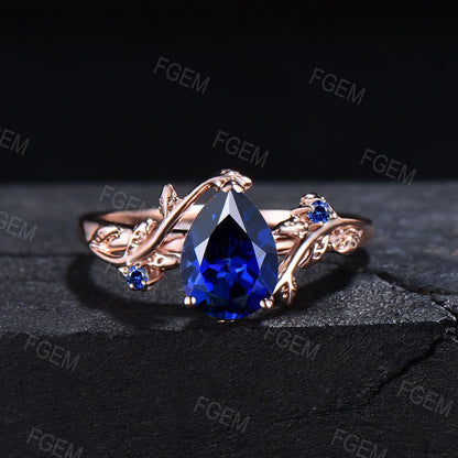 Nature Inspired Blue Sapphire Leaf Engagement Ring Set Vintage 1.25ct Pear Shaped Blue Sapphire Ring Set September Birthstone Wedding Gifts