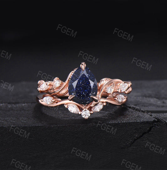 Nature Inspired Starry Sky Blue Sandstone Ring Set Vine Twig Twisted Wedding Band Blue Gemstone Ring Blue Goldstone Moissanite Promise Ring