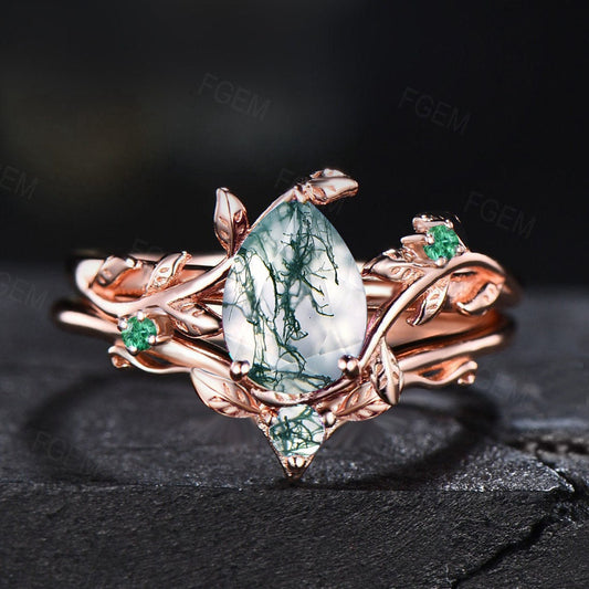 Nature Inspired Green Moss Agate Bridal Set Rose Gold Vintage Branch Design Unique Solitaire Ring Leaf Emerald Wedding Ring Anniversary Gift
