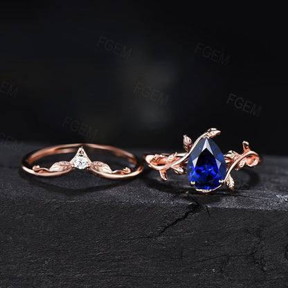 Rose Gold 1.25ct Blue Sapphire Leaf Engagement Ring Vintage Pear Shaped Sapphire Bridal Set September Birthstone Blue Gemstone Jewelry Gifts