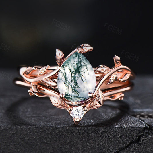 Pear Shape Natural Moss Agate Engagement Ring Set Rose Gold Vintage Branch Design Solitaire Rings Unique Leaf Wedding Ring Anniversary Gift