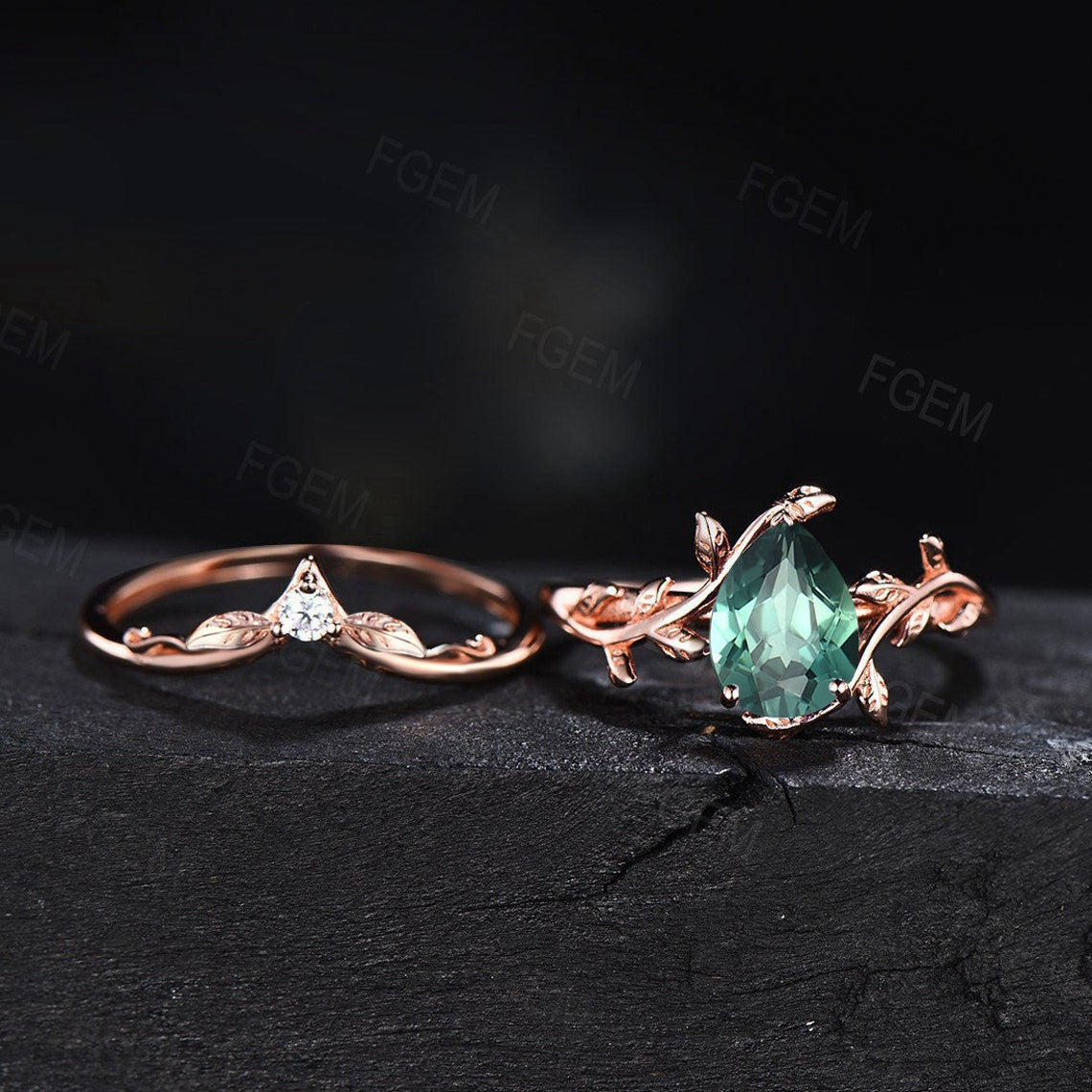 Nature Inspired Green Sapphire Ring 1.25ct Pear Shaped Green Blue Montana Teal Sapphire Leaf Engagement Ring Branch Design Solitaire Ring