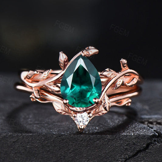 Pear Shaped Leaf Green Emerald Engagement Ring Set 14k Rose Gold Branch Design Emerald Moissanite Bridal Ring Vintage Proposal Gift For Her