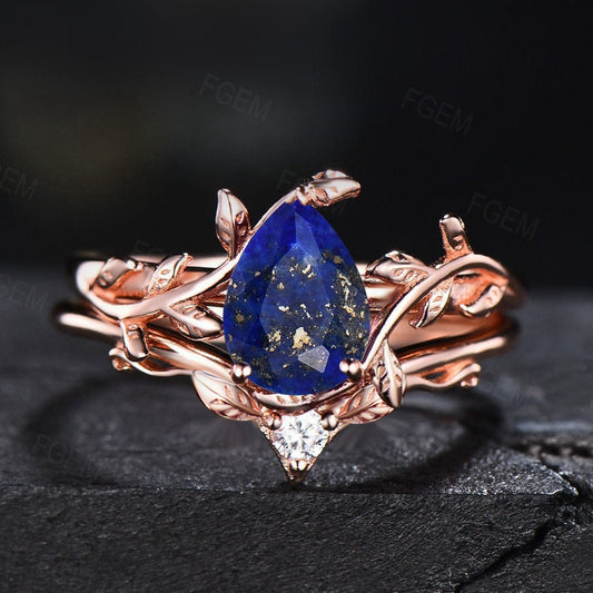 Natural Lapis Lazuli Engagement Ring Set Vintage Lapis Gold Ring Pear Shaped Promise Rings Blue Lapis Jewelry Antique Noble Gift for Women