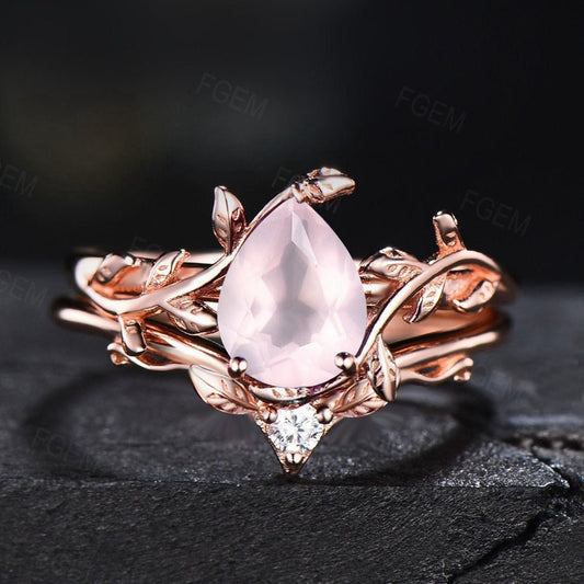 Natural Rose Quartz Ring Set Pear Shaped Engagement Ring Nature Inspired Leaf Gemstone Jewelry Pear Solitaire Ring Pink Crystal Bridal Ring