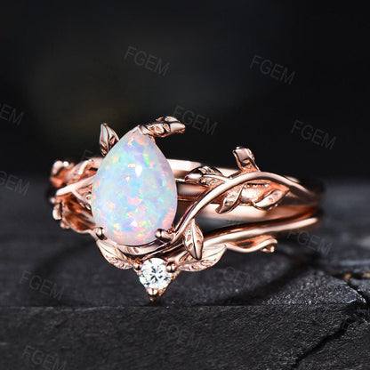 Nature Inspired White Opal Engagement Ring Set Vintage 1.25ct Pear Shape Unique Branch Design Lab Opal Solitaire Ring Leaf Wedding Ring Set