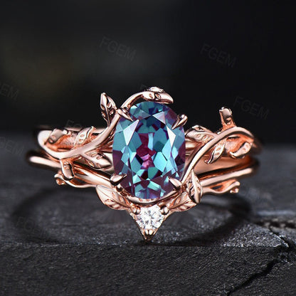 1.5ct Nature Inspired Ring Set Oval Cut Color-Change Alexandrite Engagement Rings Leaf Vine Ring Unique Solitaire Ring June Birthstone Gifts