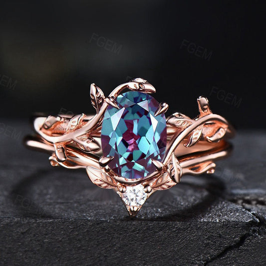1.5ct Nature Inspired Ring Set Oval Cut Color-Change Alexandrite Engagement Rings Leaf Vine Ring Unique Solitaire Ring June Birthstone Gifts