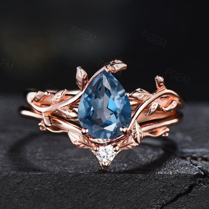 Natural London Blue Topaz Bridal Set December Birthstone Wedding Set Leaf Engagement Ring Unique Pear Solitaire Ring Nature Inspired Jewelry