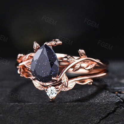 Pear Shaped Blue Sandstone Engagement Rings Set Ivy Twig Wedding Band Blue Gemstone  Solitaire Ring Blue Goldstone Moissanite Promise Rings