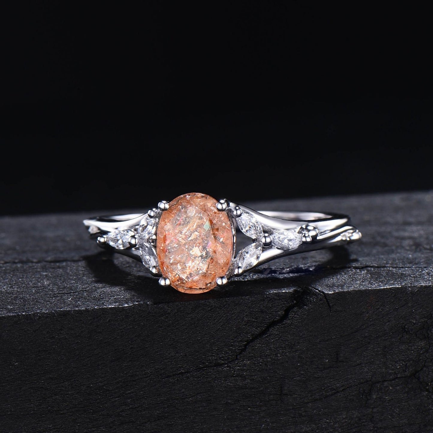 1.5ct Oval Natural Sunstone Engagement Ring 10K White Gold Cluster Moissanite Split Shank Promise Ring Orange Gemstone Ring Platinum Ring