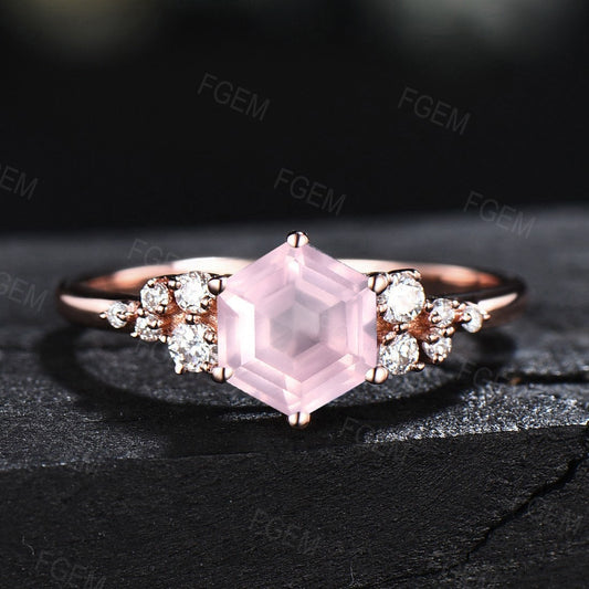 Natural Rose Quartz Wedding Ring Sterling Silver Hexagon Cut Cluster Engagement Ring Pink Wedding Promise Ring Personalized Gift for Lover