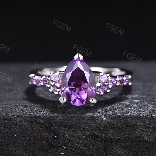 February Birthstone Wedding Ring 1.25ct Pear Shaped Half Eternity Amethyst Engagement Ring White Gold Natural Purple Crystal Amethyst Ring