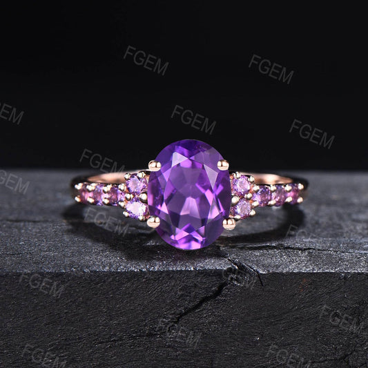 1.5ct Oval Half Eternity Amethyst Engagement Ring February Birthstone Wedding Ring Rose Gold Natural Purple Crystal Amethyst Platinum Ring