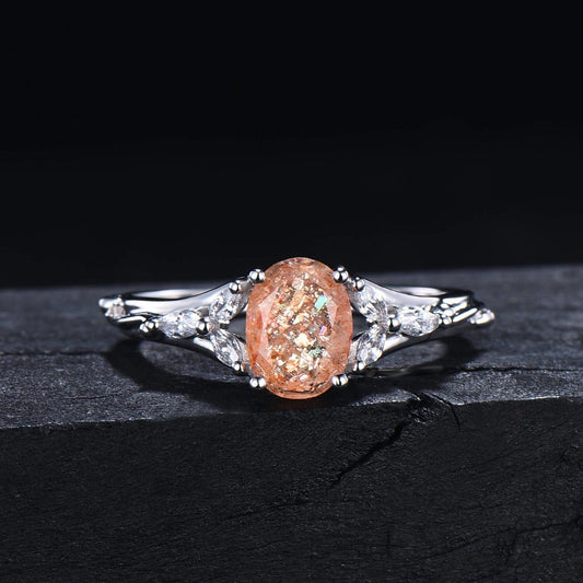 1.5ct Oval Natural Sunstone Engagement Ring 10K White Gold Cluster Moissanite Split Shank Promise Ring Orange Gemstone Ring Platinum Ring