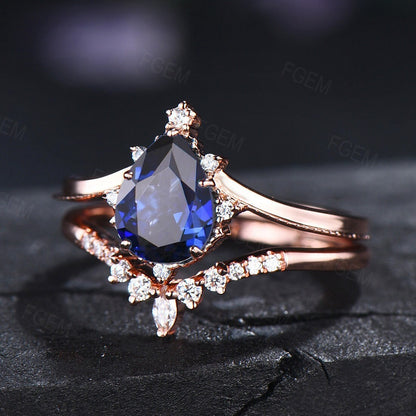 Sterling Silver 1.25ct Pear Shaped Blue Sapphire Engagement Ring September Birthstone Wedding Ring Blue Bridal Set Unique Anniversary Gifts