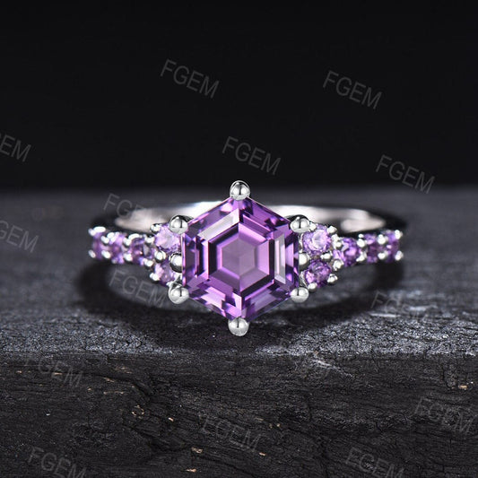 Hexagon Cut Natural Amethyst Half Eternity Engagement Ring White Gold Purple Crystal Ring Amethyst Wedding Ring February Birthstone Jewelry